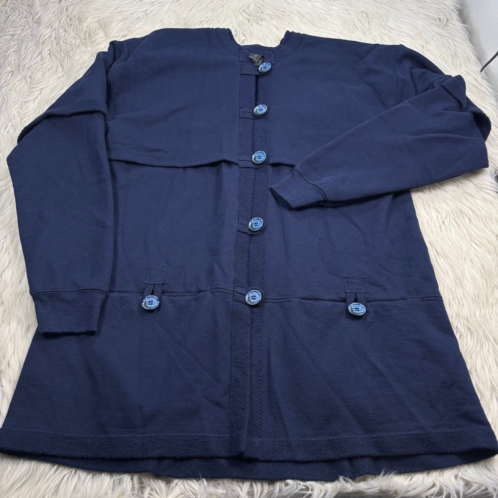 Gildan Women's L Navy Up-cycled Sweatshirt Trench Jacket Starry Night Frog Close